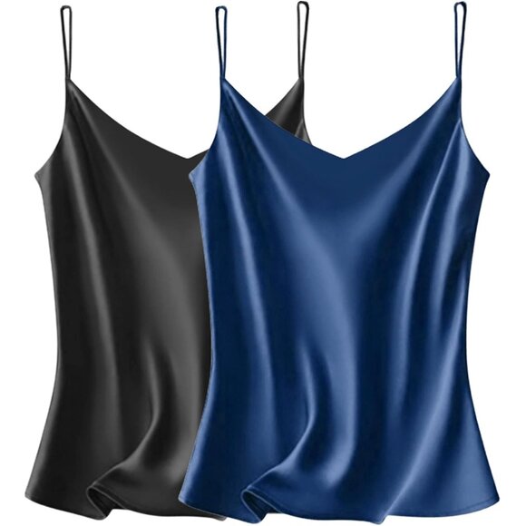 Vidussa Womens Black Blue V Neck Silk Satin Cami Sleeveless Casual Blouses Pack - Picture 1 of 6